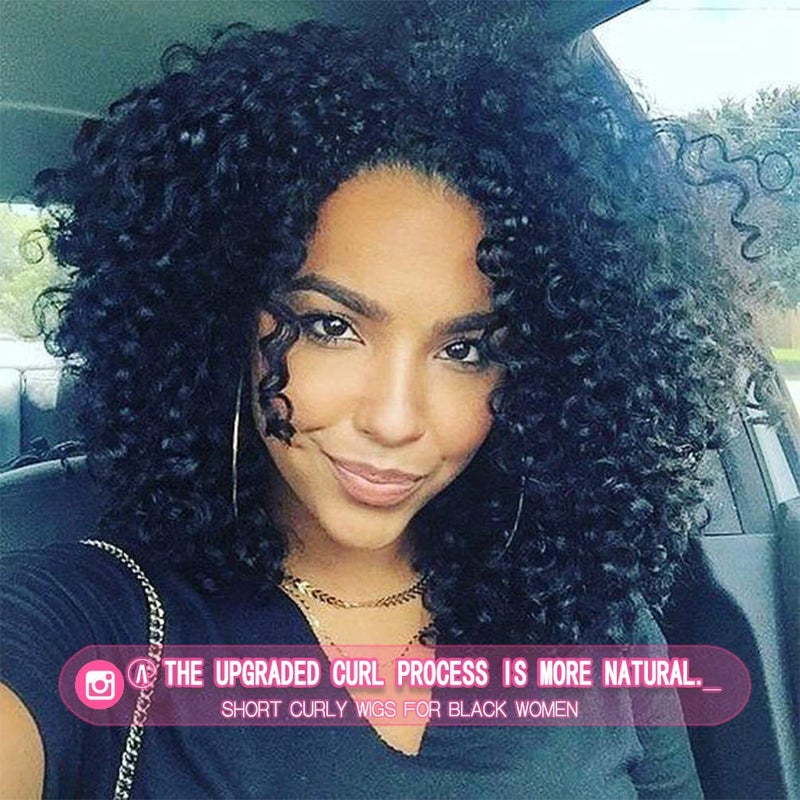 rosmile Curly Wigs for Black Women - Natural Black Synthetic African American Full Kinky Curly Afro Hair Wig with Bangs - Image 2